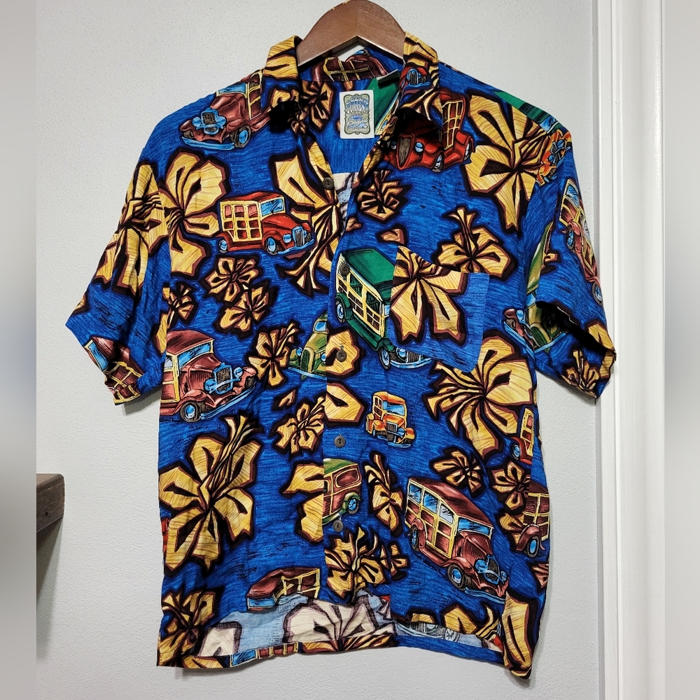 Ocean Current Classic Woody Car Wagon Hawaiian Aloha Button Shirt Women's Large